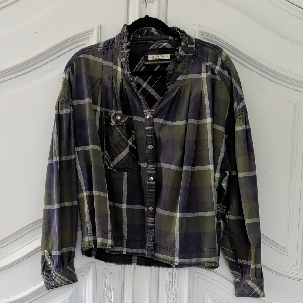 We The Free Olive Green and Black Plaid Button-Front Top
